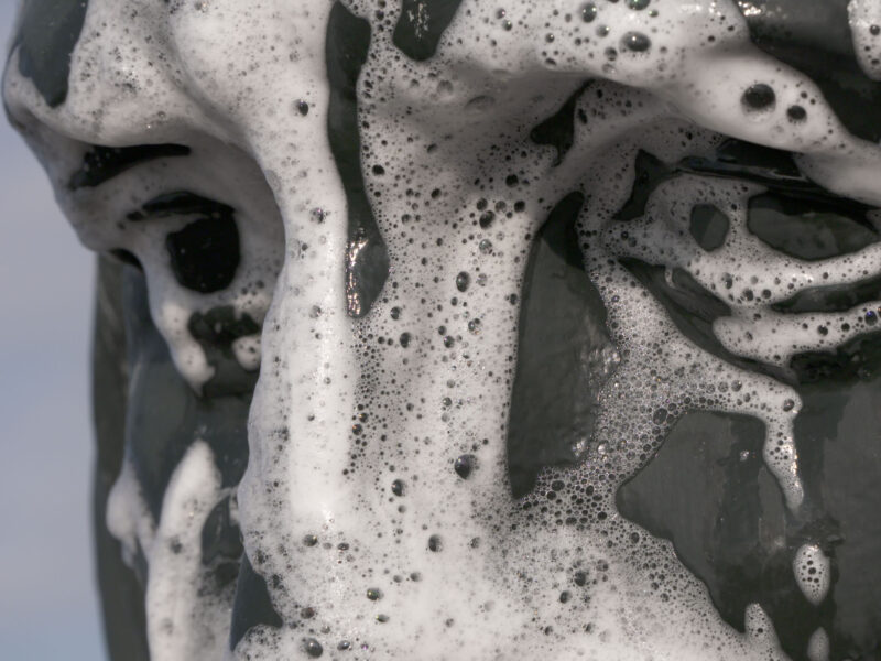 Men of Steel, Men of Stone (2017–ongoing) by Sema Bekirovic — 16mm film showing the artist washing and covering statues of Dutch colonial heroes with soap and mud.